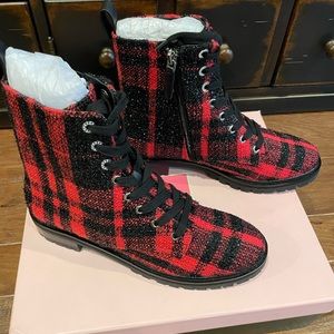 Kate Spade Jemma Glitter Lace Boots Red Plaid Lingonberry Women’s 9 NWT